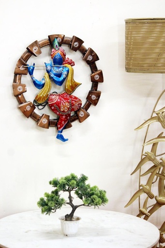 [Wall Decor] Iron Round Krishna With Bansuri Wall Hanging